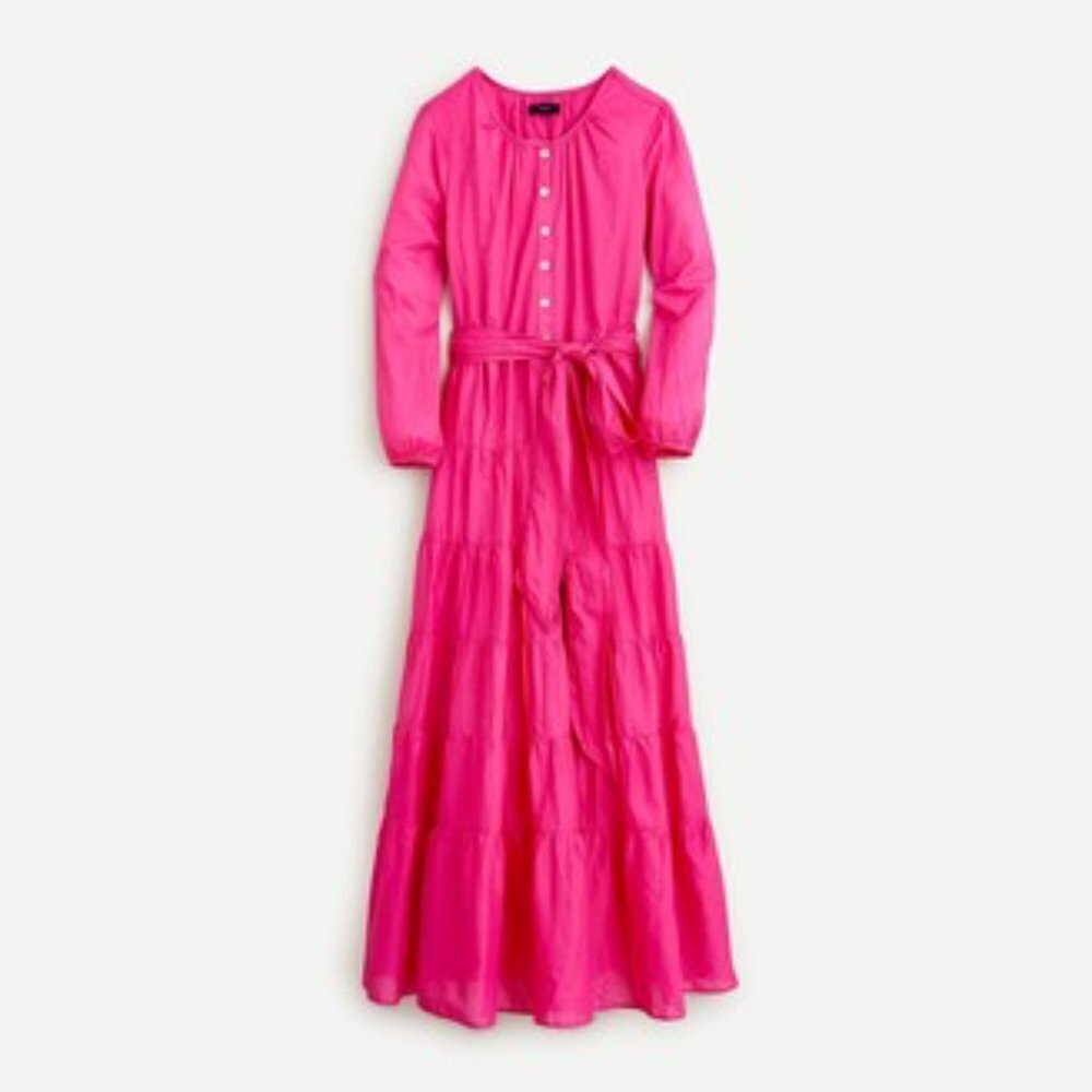 NWT J.Crew Belted Button-up Maxi in Neon Flamingo Pink Tiered Cotton Dress XS